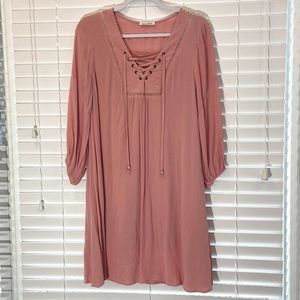 Carole Christian Peachy/Rose Lined Flowy Long Sleeve Dress With Tie at Chest sz.